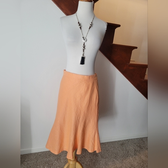 Chaps 100% Linen Midi Orange Skirt Size 14 New - Picture 1 of 5